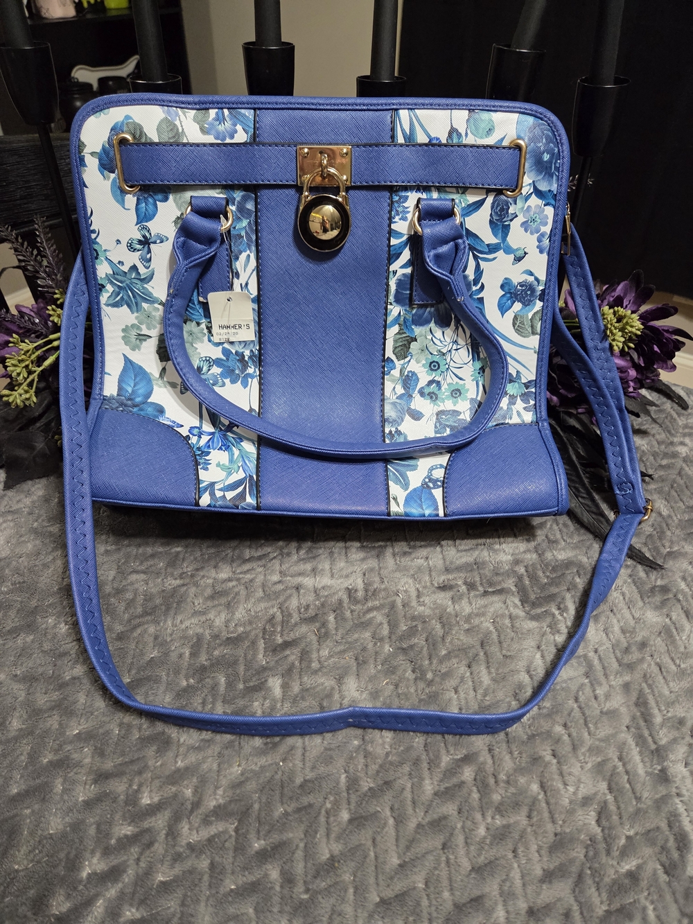 Blue Floral Structured Satchel Handbag